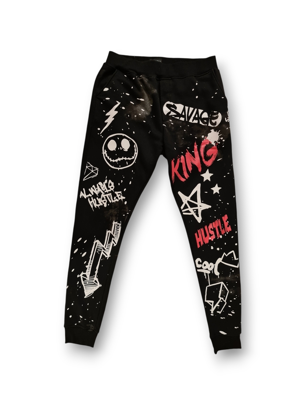 Black Graphic Jogger Pants with Red & White Streetwear Print